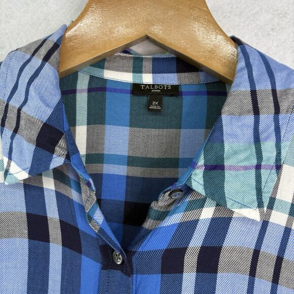 Talbots Womens Plus Sz 2X Blue Plaid Rayon Button Up Blouse‎ Pocket Long Sleeve - Picture 3 of 6
